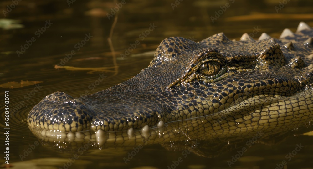 Fototapeta premium Close-up of an alligator's head in dark water, showing scales and eye detail