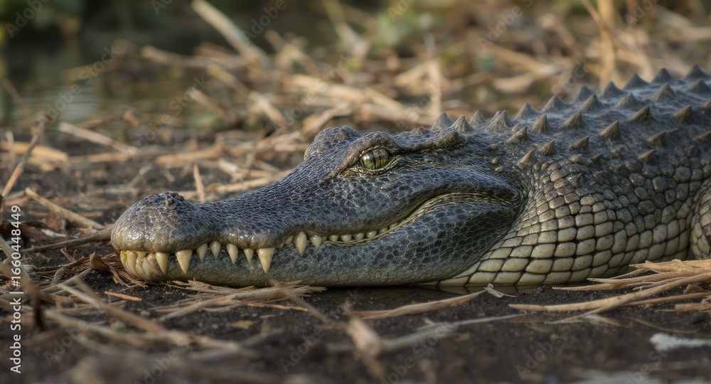 Fototapeta premium Crocodile rests, head to foreground, near water; detailed scales texture