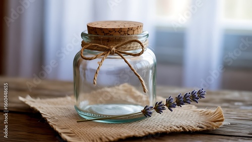 Elegant Glass Jar with Cork Stopper and Lavender Flower on Rustic Wooden Table Top Decor Still Life Photography