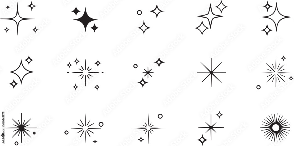 Naklejka premium Minimalist black and white sparkle icon set – hand-drawn starbursts and twinkle doodles for shine, emphasis, and decorative flair.