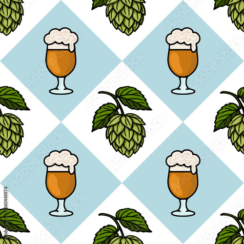 Seamless vector pattern of beer glasses with foam and hop cones on a light blue and white diamond background, ideal for Oktoberfest designs.