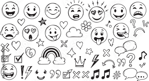 Minimalist black and white emoticon & symbol icon set – hand-drawn faces, weather, speech bubbles, and graphic doodles for creative expression.