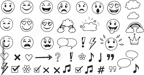 Minimalist black and white emoticon & symbol icon set – playful hand-drawn faces, weather, speech bubbles, and graphic accents for creative design.