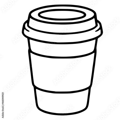 This vector illustration showcases a simple, yet detailed outline drawing of a disposable coffee cup with a lid, perfect for branding or design projects needing a minimalist, clean aesthetic.
