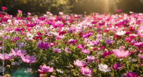 Flowery field of cosmos in pinks and whites, soft focus and golden light