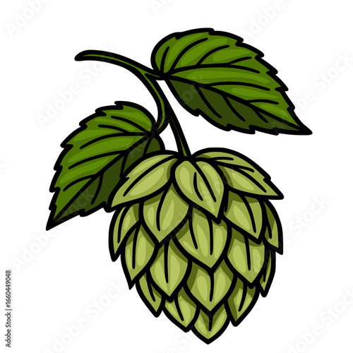 A detailed vector illustration of a hop cone with two leaves, showcasing its intricate structure and vibrant green hues, ideal for brewery labels or botanical designs.