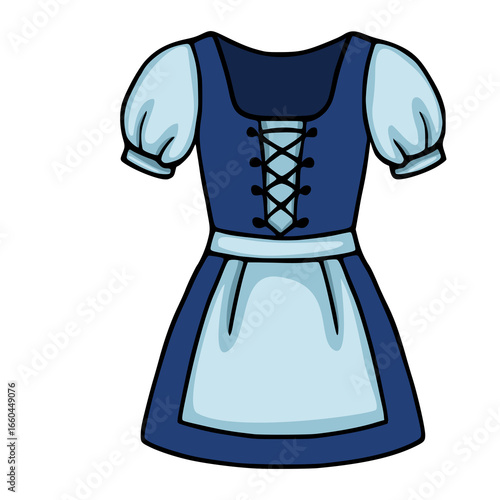 A vector illustration of a traditional Bavarian dirndl dress, featuring a navy blue bodice with light blue puffed sleeves and apron, detailed with black lacing across the chest.