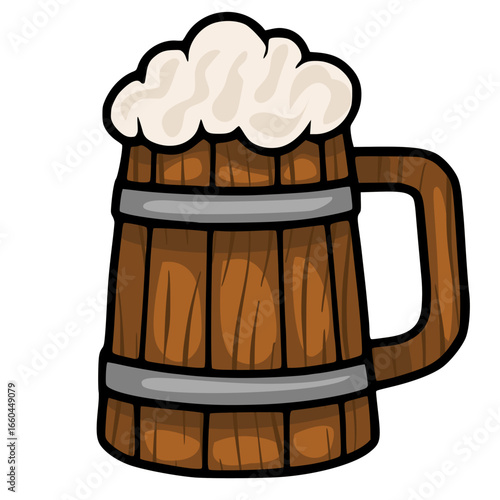 A charming vector illustration of a wooden beer stein with a frothy head, showcasing a cartoonish style with distinct wood grain texture and metallic bands.