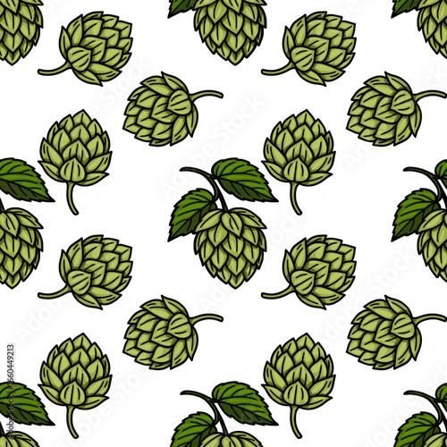 Seamless vector pattern of handdrawn hops cones and leaves, featuring a vibrant green color palette and a detailed, slightly rustic style, perfect for Oktoberfest or brewery designs.