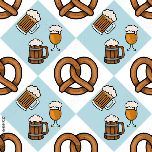Seamless vector pattern featuring Bavarian pretzels and beer mugs on a light blue and white diagonal background, perfect for Oktoberfest celebrations and brewery designs.