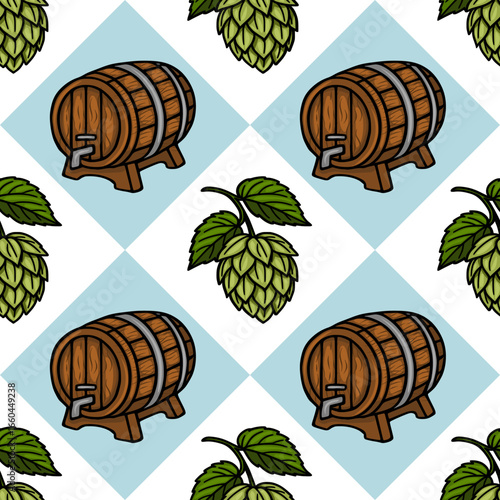 Seamless vector pattern featuring handdrawn illustrations of wooden beer barrels and hops on a light blue diamondshaped background, creating a rustic and festive design ideal for Oktoberfest or b...