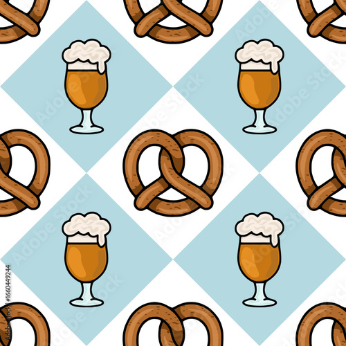 Seamless vector pattern featuring handdrawn pretzels and beer mugs on a light blue and white diamond background, perfect for Oktoberfest celebrations or brewery designs.