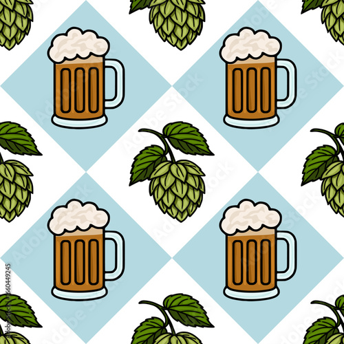 Seamless vector pattern featuring mugs of beer and hops, designed with a light blue diamond background for Oktoberfest or brewerythemed projects.