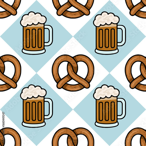 Seamless vector pattern featuring a playful illustration of beer mugs and pretzels on a light blue diamondshaped background, ideal for Oktoberfest designs.