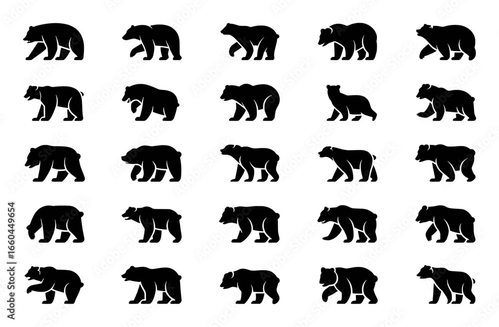 Naklejka premium Collection of Black Bear Silhouettes in Various Poses and Movements