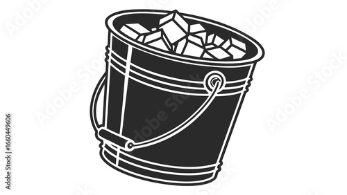 A black and white drawing of a bucket filled to the brim with ice cubes in a stylized manner