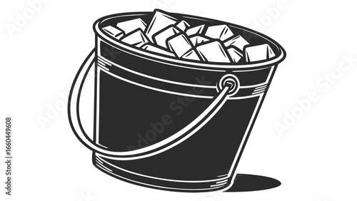 Illustration of a black bucket filled with ice cubes and a handle on a white background drawing