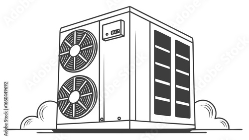 Illustration of an air conditioning unit with two fans and vents on a flat surface and clouds