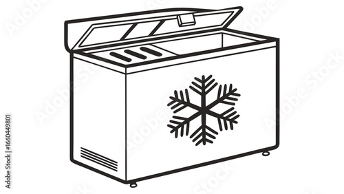 Illustration of a chest freezer with the lid slightly open and a snowflake graphic on the side