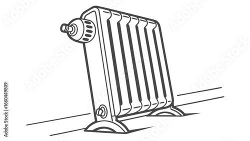 Illustration of a radiator with multiple sections and a valve on a floor in black and white style