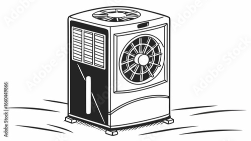 Illustration of an air conditioning unit with a fan and vents in black and white style isolated