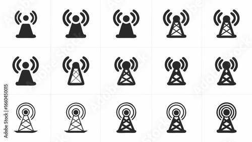 Illustration showing fifteen black communication tower icons with varying designs on a white background surface silhouette