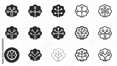 Collection of digital tree icons representing technology and nature integration in various styles silhouette