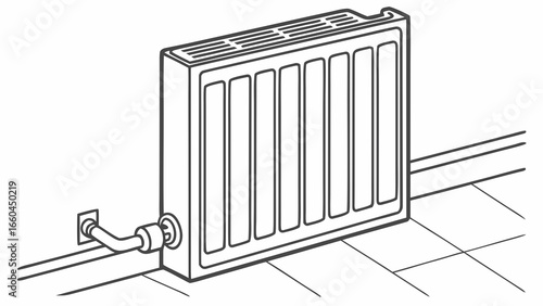 Illustration of a radiator attached to a wall with pipes on a tiled floor in a room setting