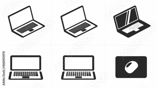 Illustration showing multiple laptop computers and a mouse pad in black and white color scheme design silhouette