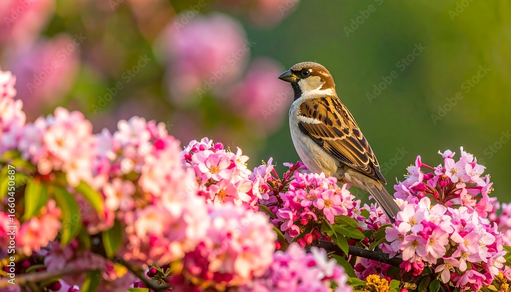 Fototapeta premium A sparrow perches amidst a profusion of vibrant pink blossoms, bathed in soft sunlight.