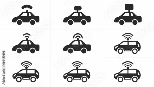 Illustration of several autonomous vehicles with sensors and wireless communication antennas in black silhouette