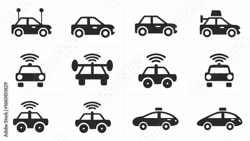 Illustration depicting a collection of various car icons, including autonomous and standard vehicle designs silhouette