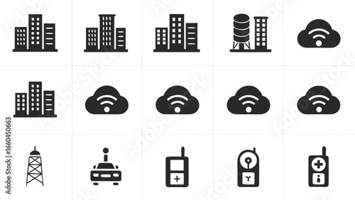 Illustration showing city buildings, water tower, clouds with wifi, car, and communication devices icons silhouette