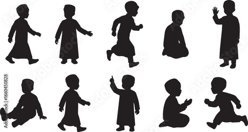 Silhouette of Arabic Boy Young Muslim Child in Traditional Kandura Thobe Vector Art