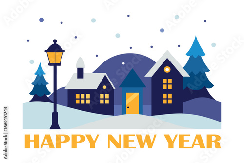 Snowy Village Vector with Glowing Street Lights and New Year Decorations.