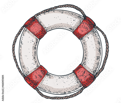 Lifebuoy sketch. Hand drawn vector illustration. Black and white. Engraving style