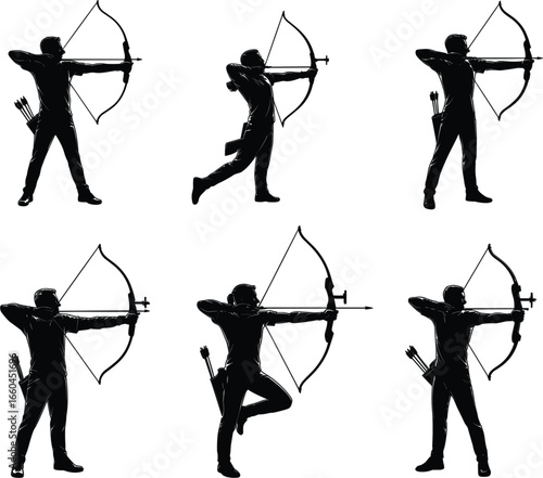 Male archer silhouette in different archery poses, bow and arrow vector, warrior stance, target aiming practice, flat vector illustrationMale archer silhouette illustration