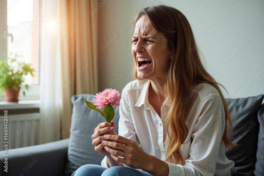 Woman in Pain Sitting on a Sofa with a Blooming Flower Woman in Pain Sitting on a Sofa with a Blooming Flower