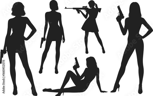 Armed female silhouette collection with guns and ation
