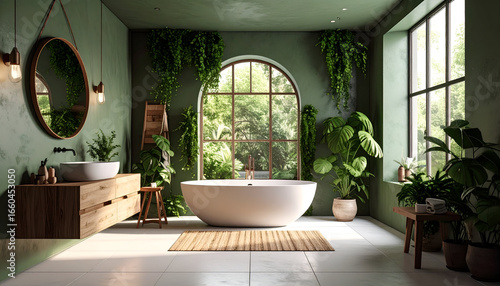Modern bathroom interior with round washbasin and circular mirror set against a lush green plant wall. Stylish eco-friendly home decor design.