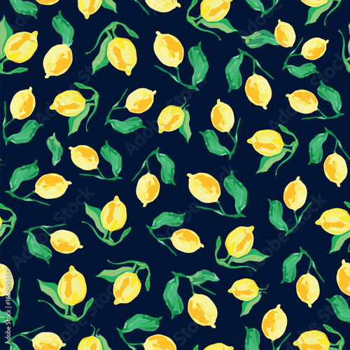 Aquarell lemons seamless repeat pattern on dark blue background. Random placed, watercolor, hand drawn citrus fruits aop, all over surface print.