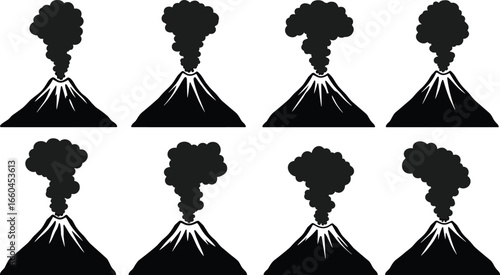 Silhouette of erupting volcanoes with smoke clouds, black volcano icons, volcanic eruption illustration set, natural disaster concept, vector graphics