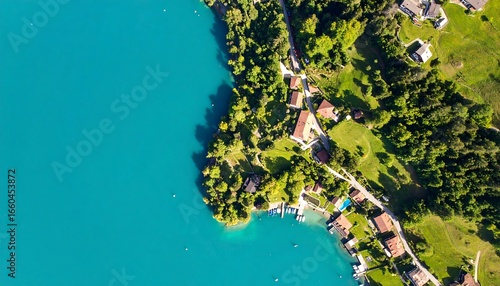 Aerial View Lake Houses with Green Hills.