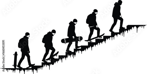 Silhouette of skateboarder walking upstairs with skateboard, youth lifestyle concept, urban street art design, vector graphic illustration