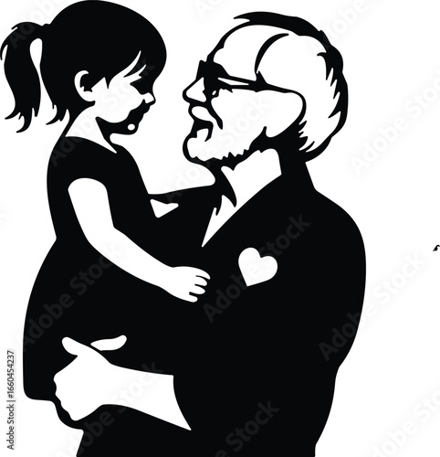 Silhouette of elderly man lifting young girl, family love, emotional bond, generational connection, heartwarming moment, black and white illustration.