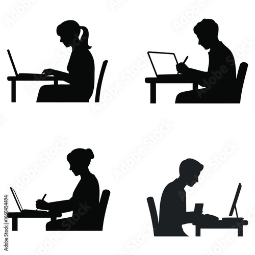 People working on laptops silhouettes desks