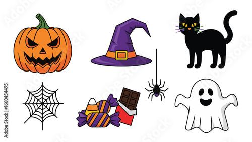 A collection of classic Halloween symbols including a carved jack-o'-lantern, a witch's hat, a black cat, a spider, a spiderweb, assorted candies, and a friendly ghost.