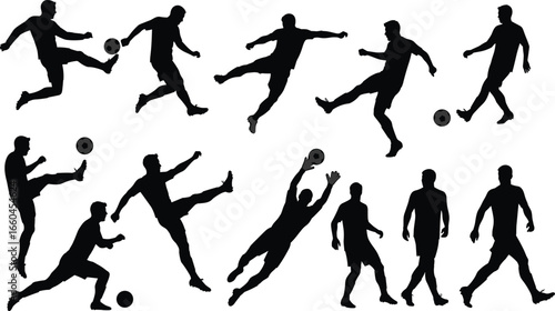 Silhouettes of soccer players kicking, dribbling, saving, and walking, football action poses, sports movement, team game, player dynamic