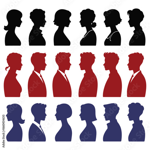 People silhouettes black red blue profiles