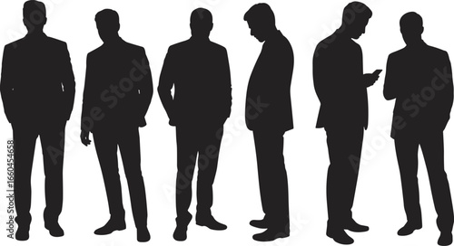 Silhouettes of businessmen in professional attire, corporate setting, leadership concept, business communication, modern office environment, teamwork, standing group illustration.
